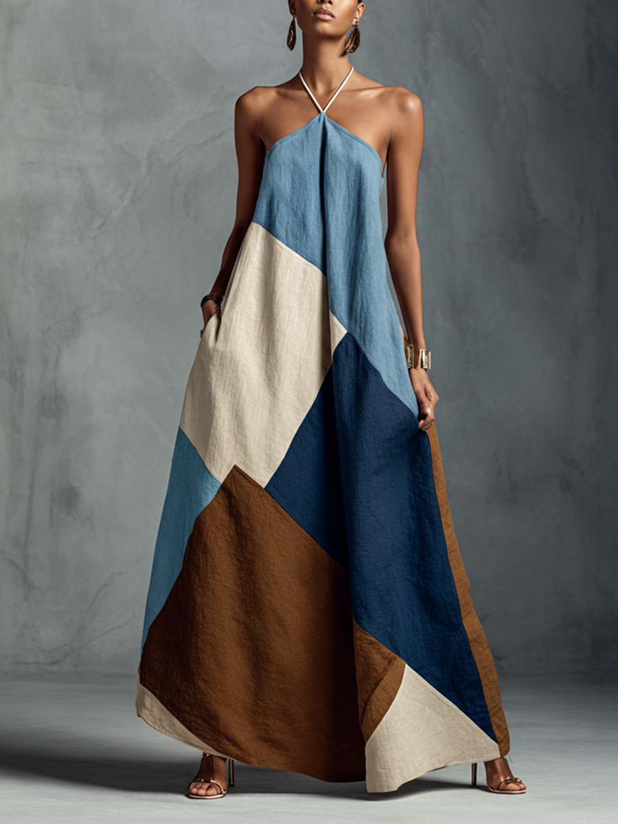 Bohemian Multi-color Cotton Linen Blend Patchwork Halter Chalecoido maxi