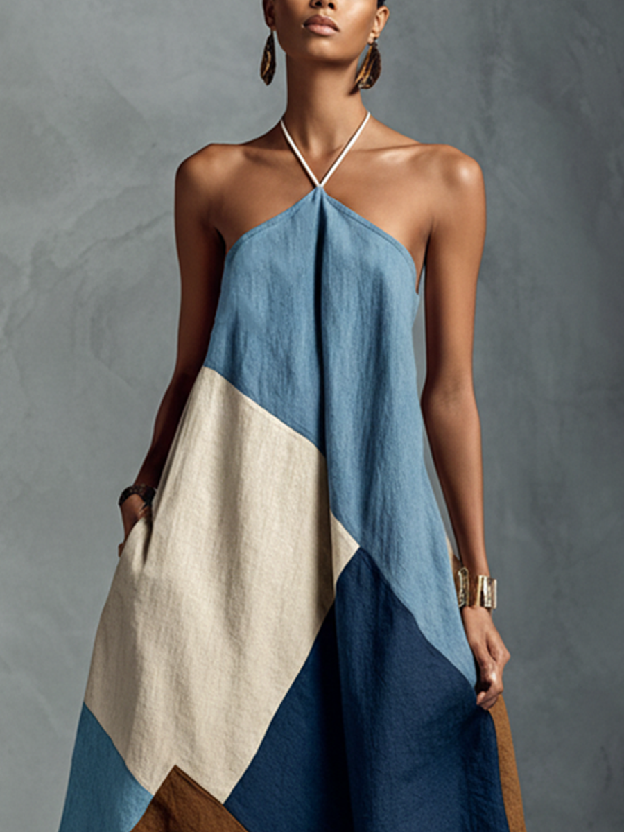 Bohemian Multi-color Cotton Linen Blend Patchwork Halter Chalecoido maxi