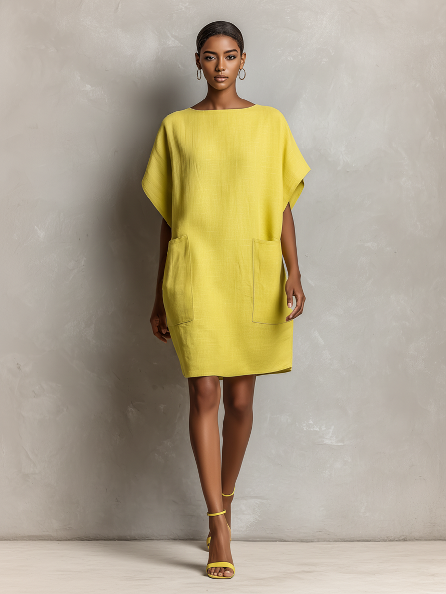 Lime Amarillo Linen-Blend Manga murciélago Patch Pocket Shift Dress