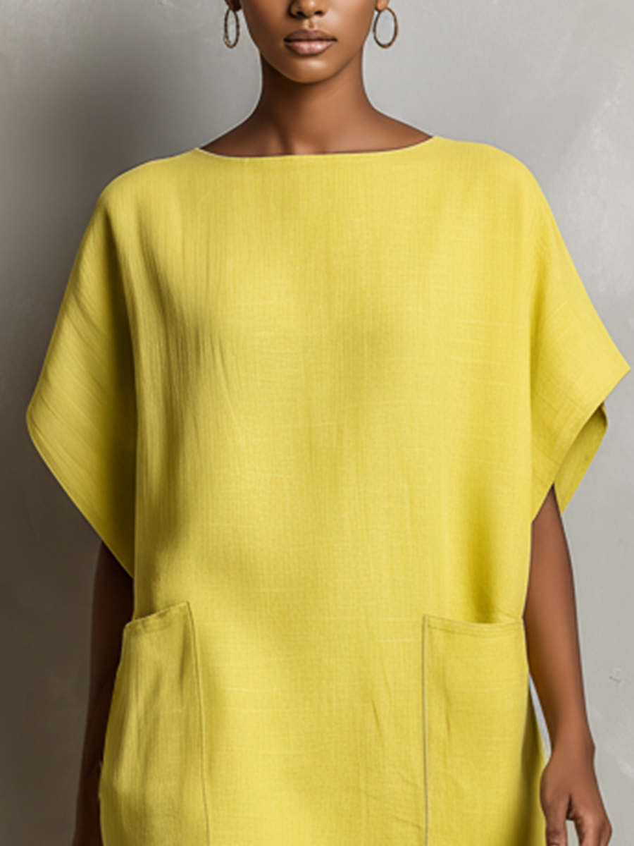Lime Amarillo Linen-Blend Manga murciélago Patch Pocket Shift Dress