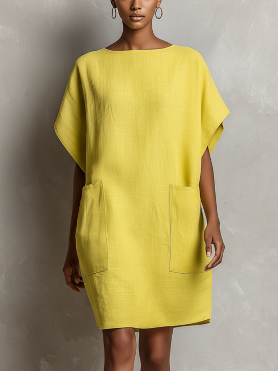 Lime Amarillo Linen-Blend Manga murciélago Patch Pocket Shift Dress