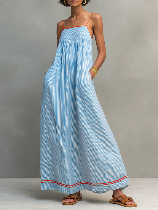 Vestido maxi de rayas con ribete rojo y tirantes finos