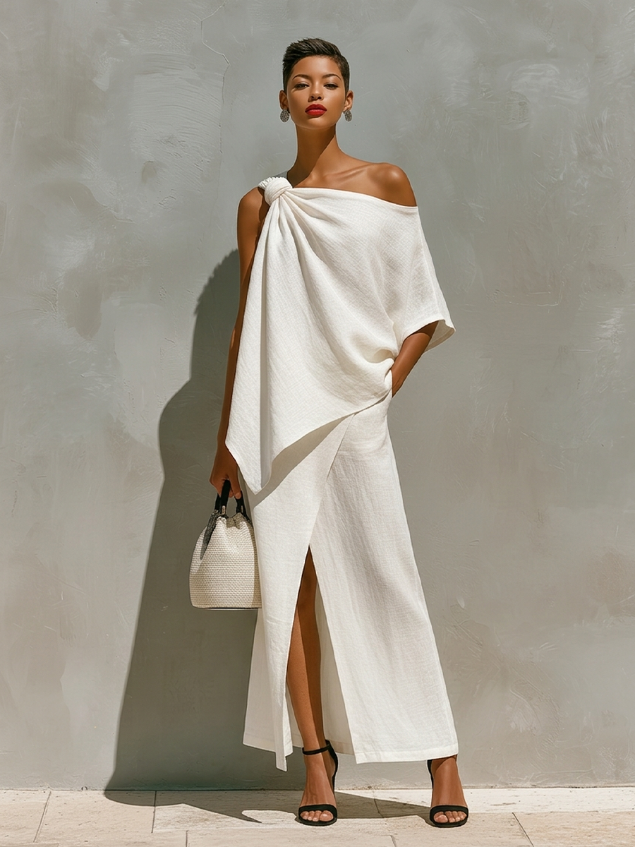 Blanco Linen Conjunto With One-Shoulder Knot Detail & Front Slit, Timeless Minimalista-Resort Style Conjunto