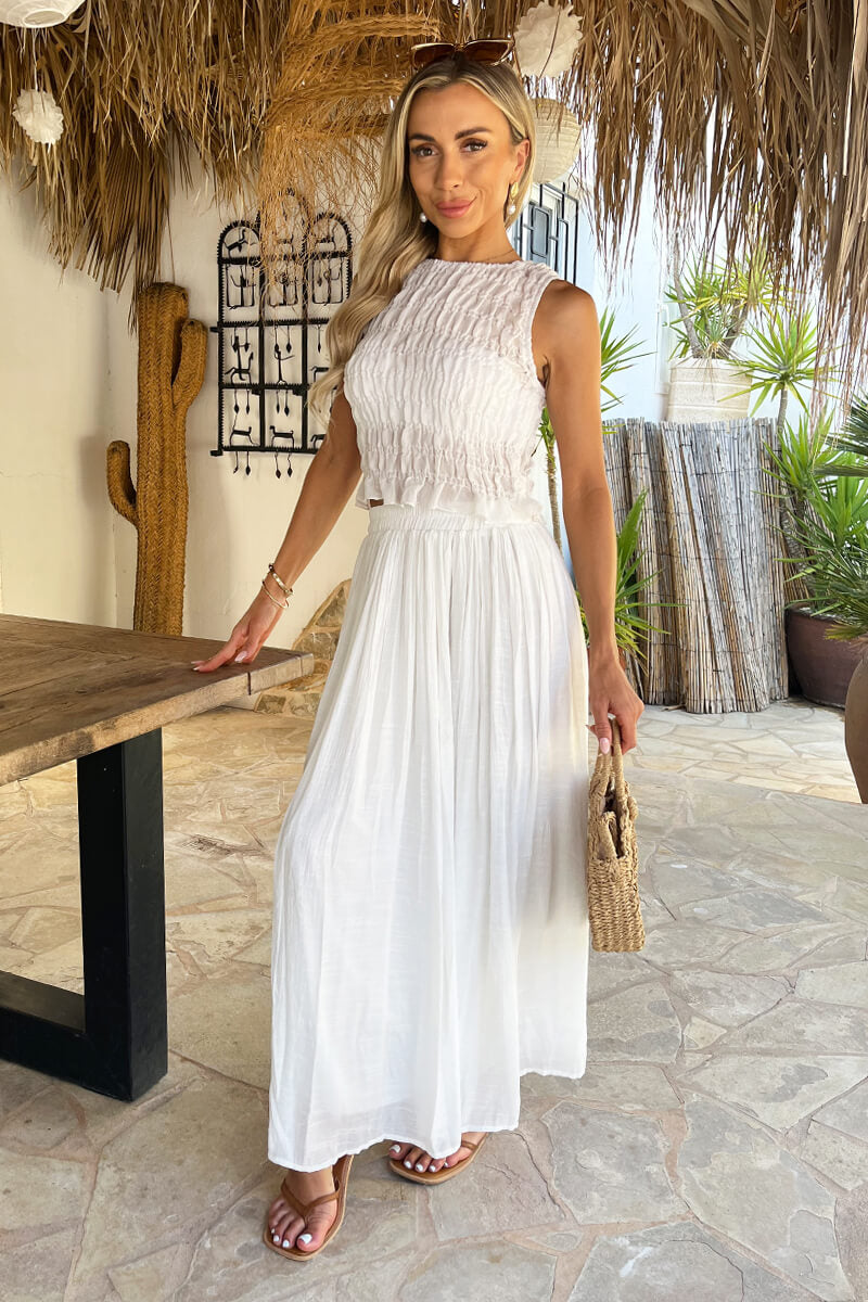 White Pleated Boho Midi Skirt