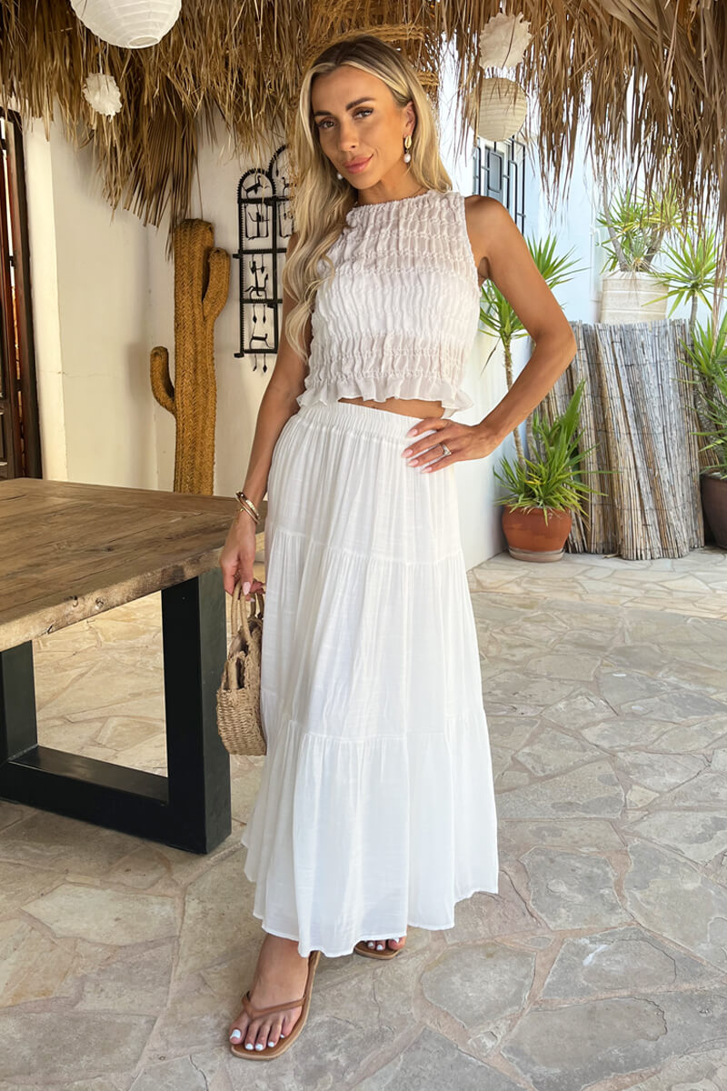 White Tiered Midi Skirt