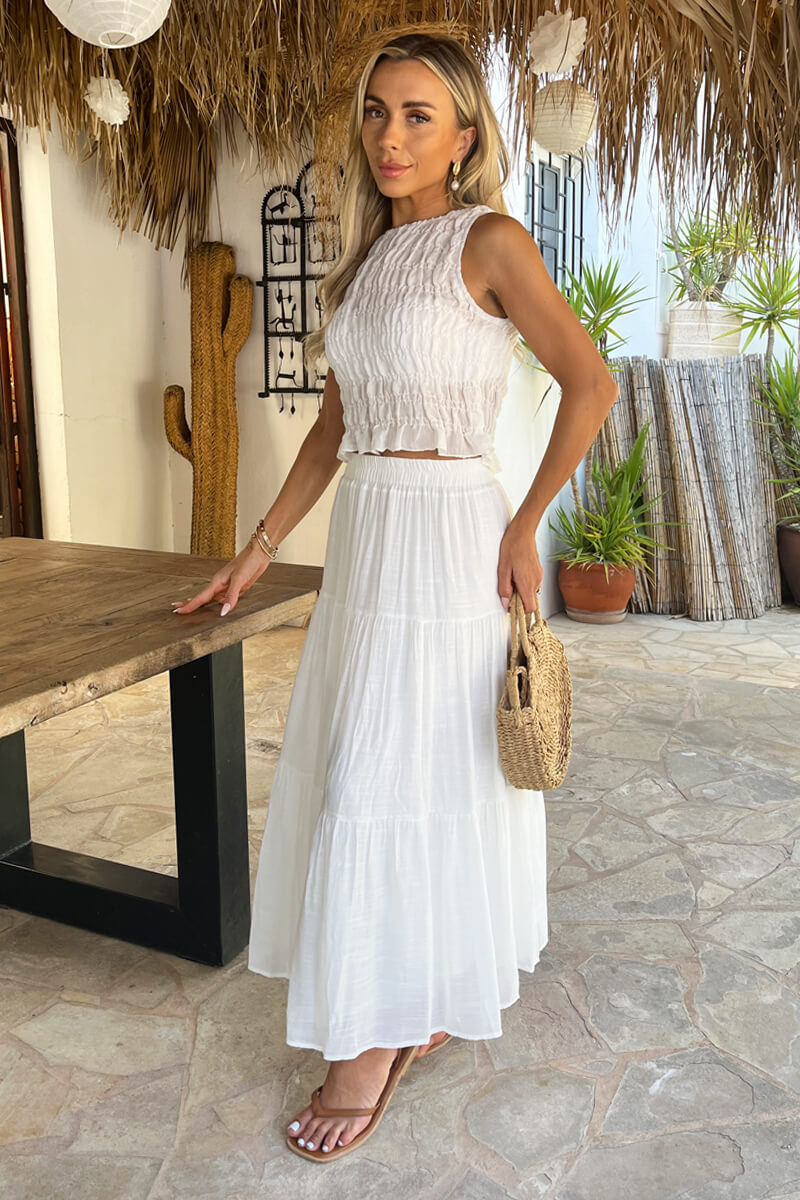 White Tiered Midi Skirt