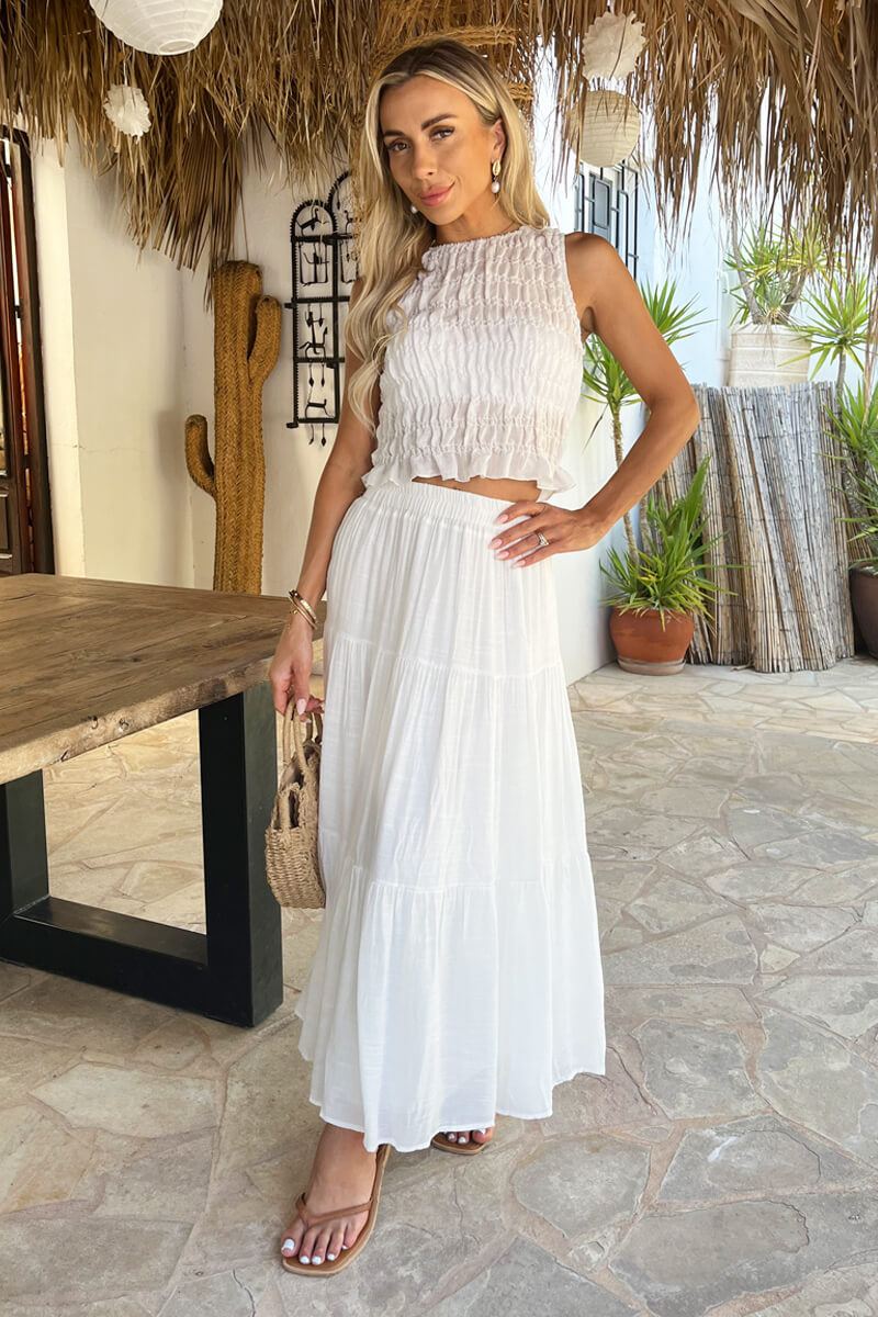 White Round Neck Shirred Crop Top
