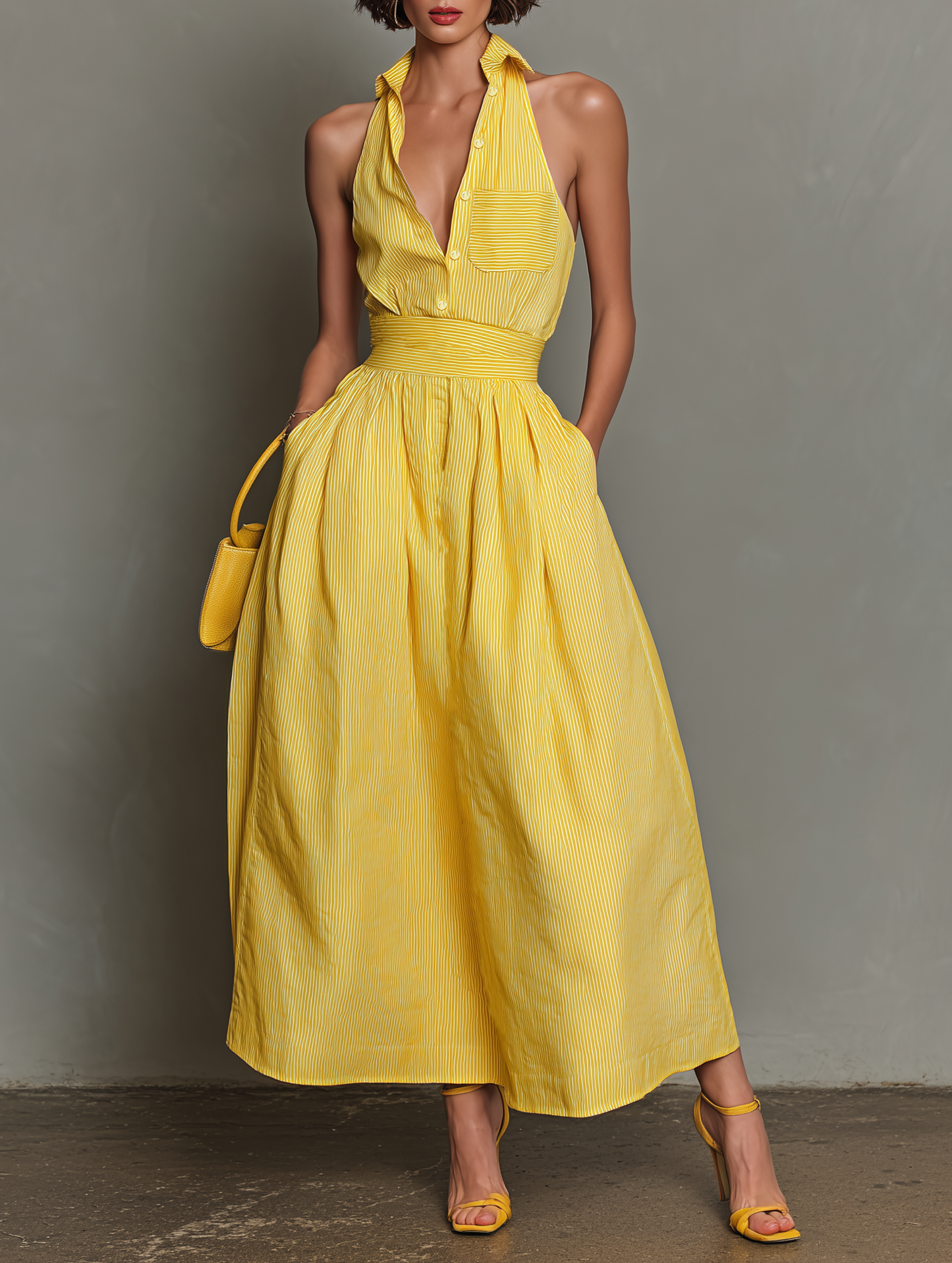 Minimalista Striped Lapel Sin mangas Chalecoido maxi