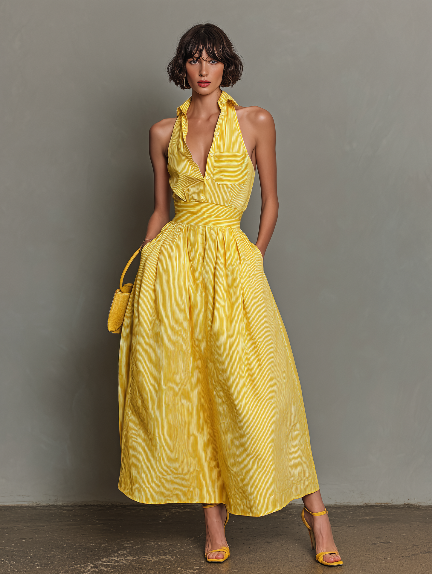 Minimalista Striped Lapel Sin mangas Chalecoido maxi