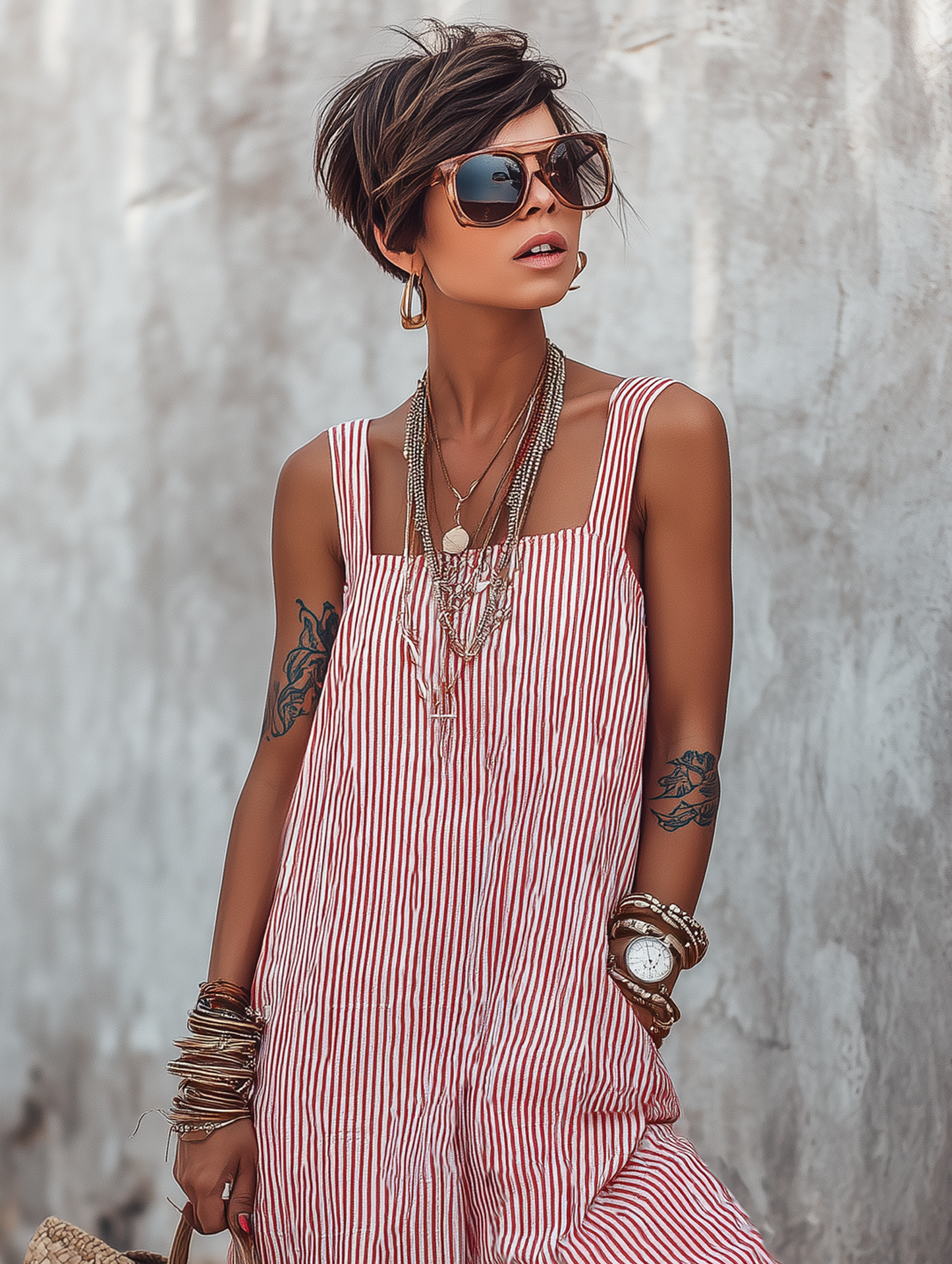Minimalista Striped Holgado-Fit Square-Neck Sin mangas Mono