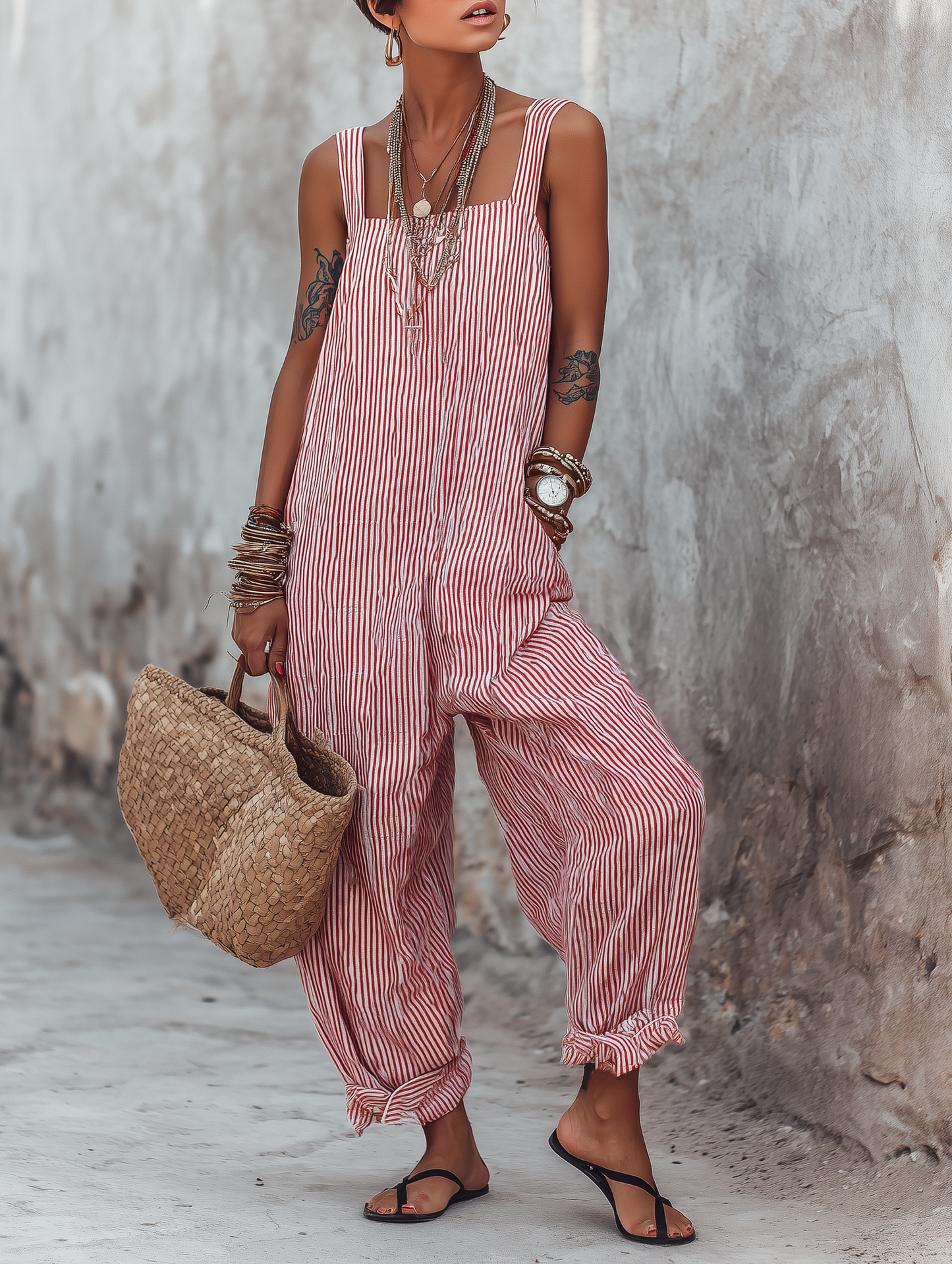 Minimalista Striped Holgado-Fit Square-Neck Sin mangas Mono