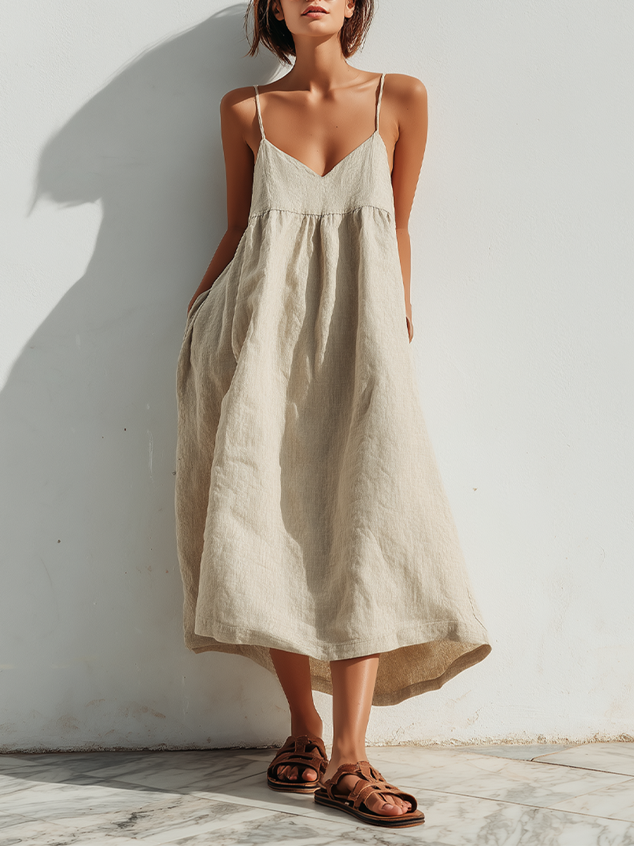 Lightweight Linen Swing Dress With Holgado Fit & Asymmetric Hem, Contemporary Effortless-Elegante Style Dress
