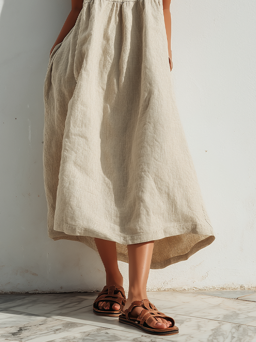 Lightweight Linen Swing Dress With Holgado Fit & Asymmetric Hem, Contemporary Effortless-Elegante Style Dress