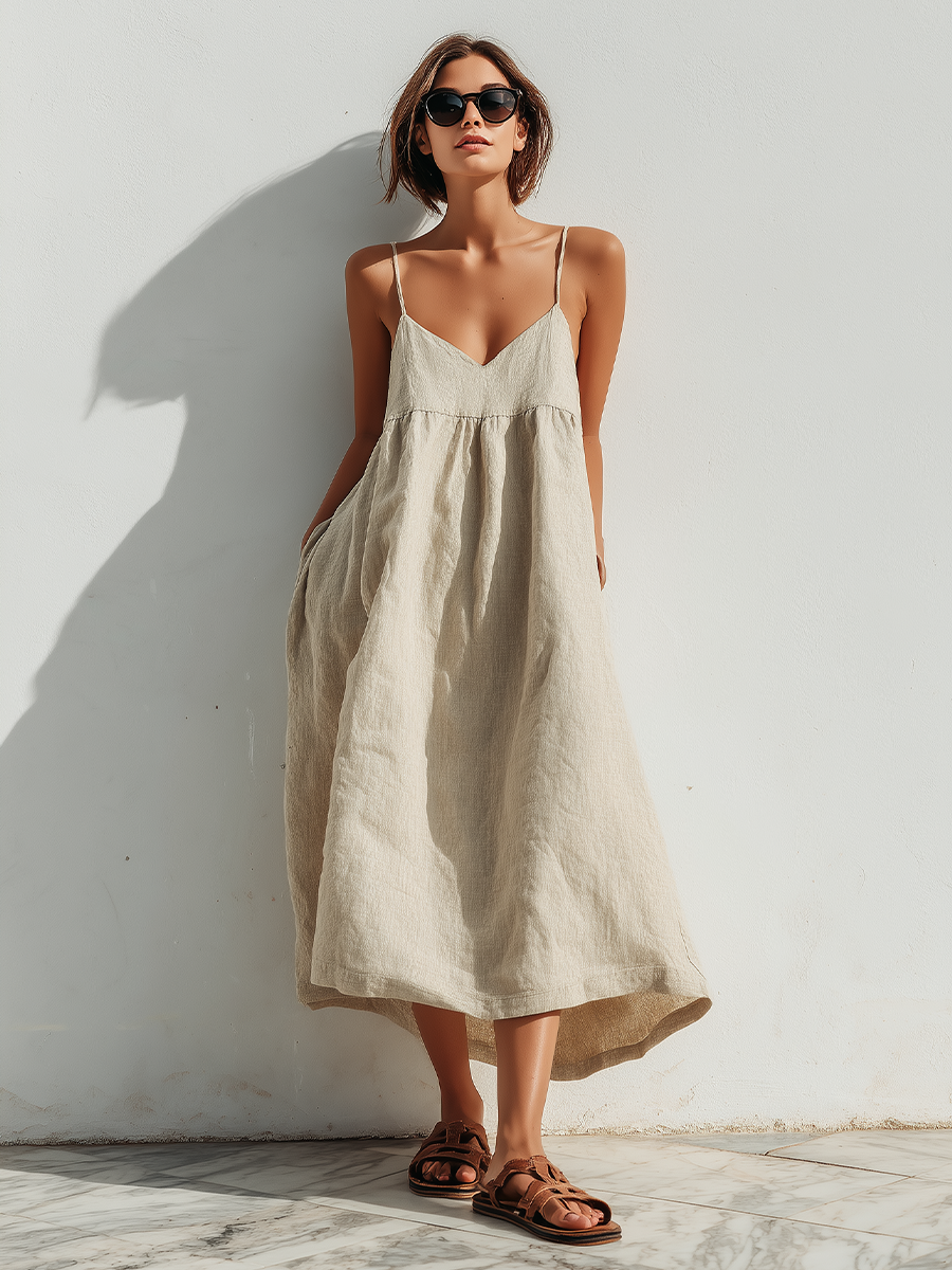 Lightweight Linen Swing Dress With Holgado Fit & Asymmetric Hem, Contemporary Effortless-Elegante Style Dress