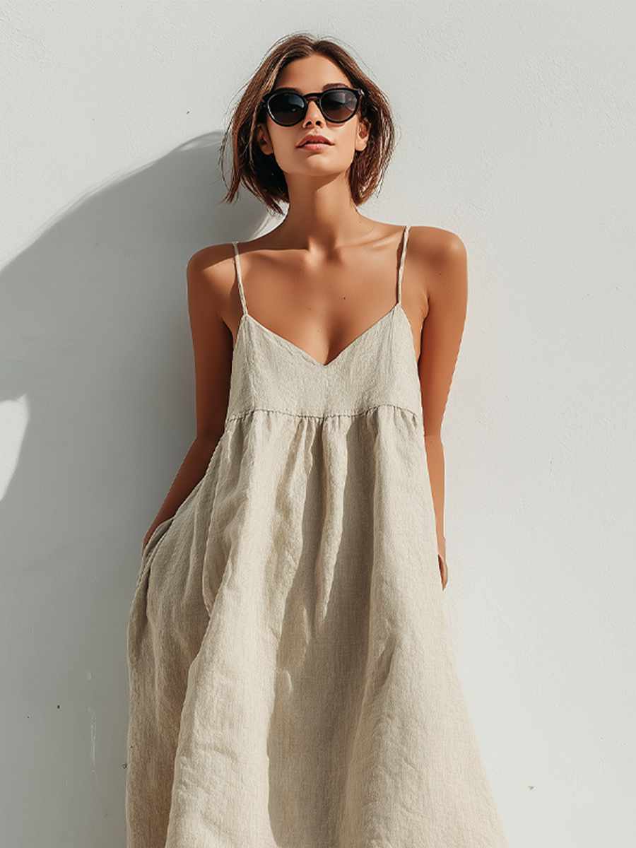 Lightweight Linen Swing Dress With Holgado Fit & Asymmetric Hem, Contemporary Effortless-Elegante Style Dress