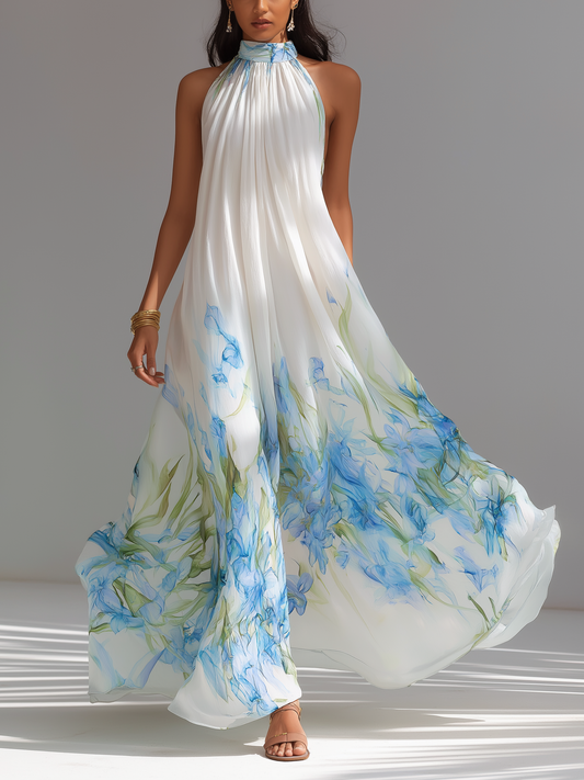 Elegante Blanco Printed Chiffon Halter-Neck Sin mangas Chalecoido maxi