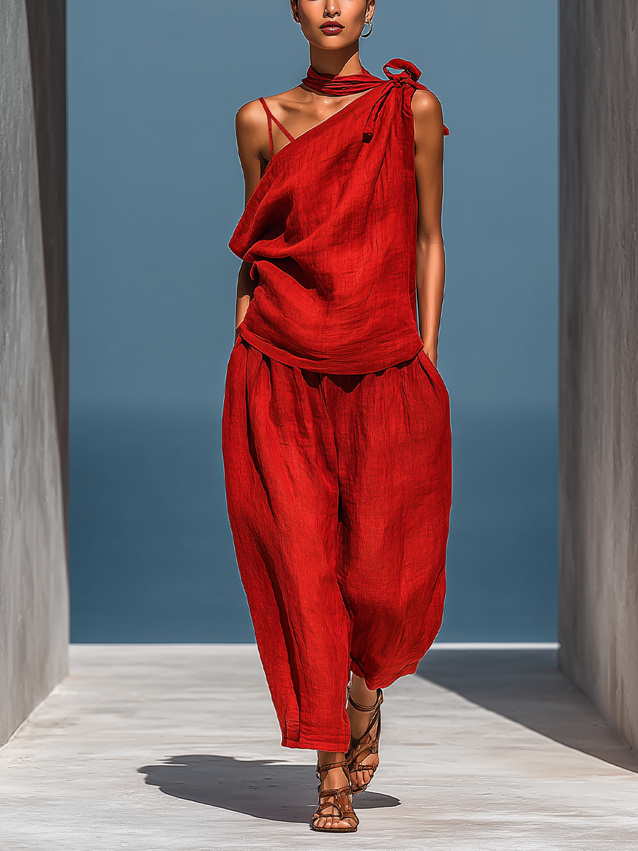 RojoTwo-Piece Conjunto: Asymmetrical One-Shoulder Top (Without Neck Scarf) & Pierna ancha Pantalón con bolsillos