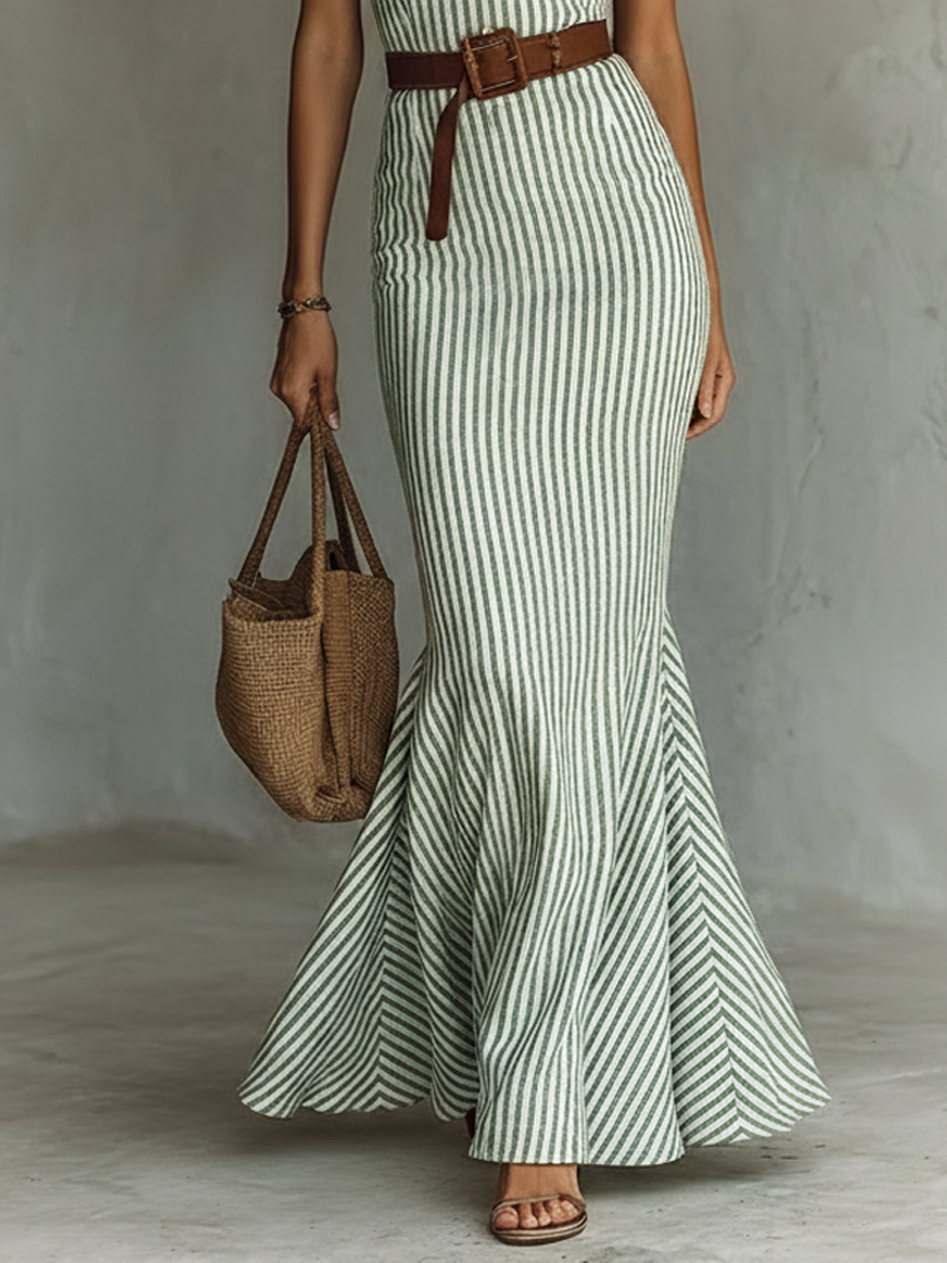 Minimalista Striped Linen-Blend Single-Breasted Sin mangas Bodycon Fishtail Chalecoido maxi (Belt Not Included)