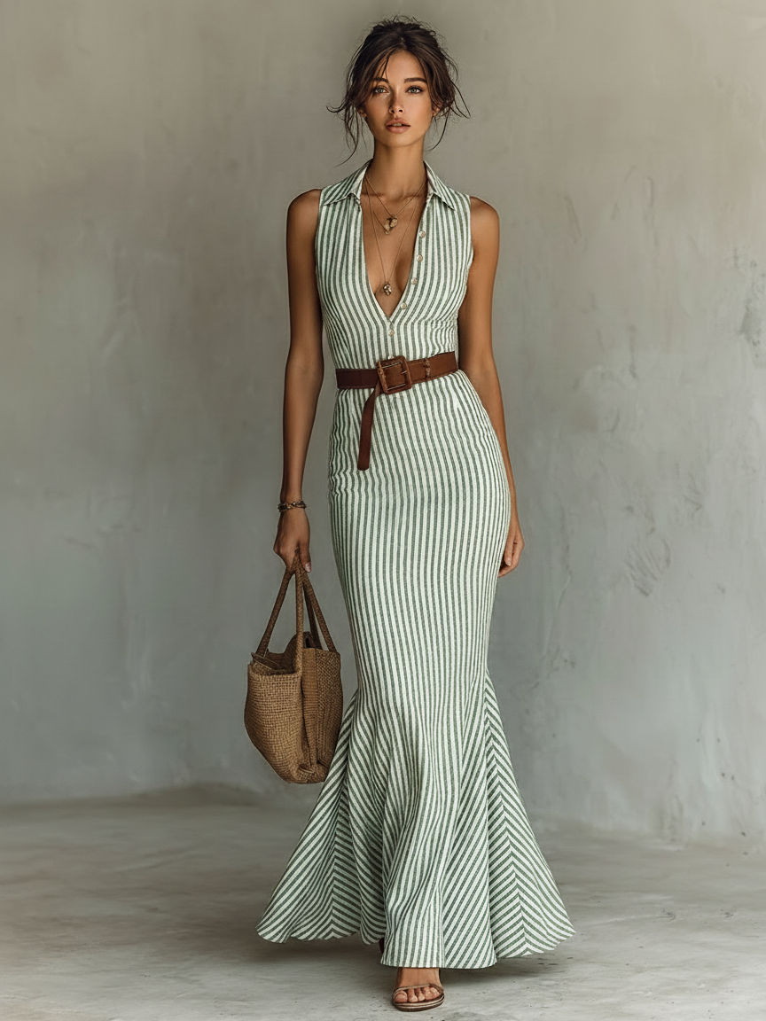Minimalista Striped Linen-Blend Single-Breasted Sin mangas Bodycon Fishtail Chalecoido maxi (Belt Not Included)