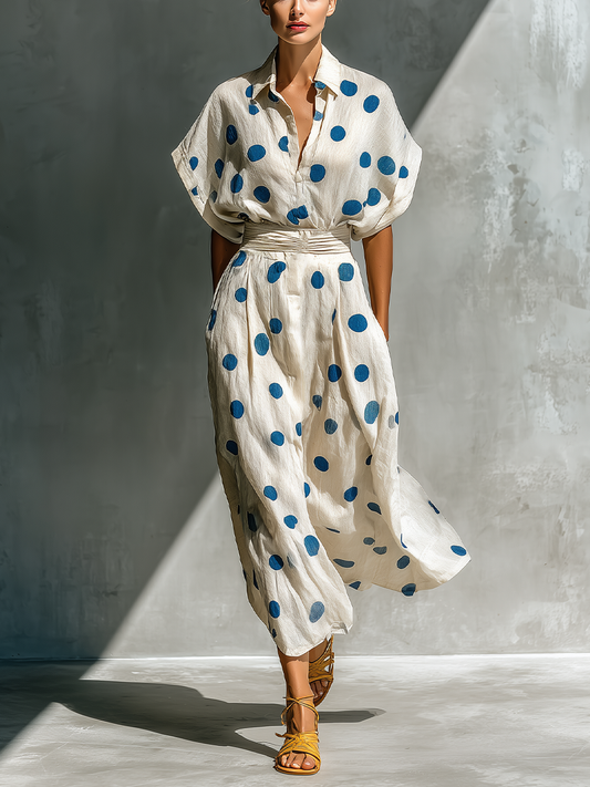 Off-Blanco Linen-Blend Polka Dot Chalecoido camisero With Waist Cincher & Pockets
