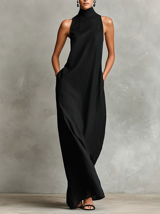 Vestido maxi negro de lino con cuello alto y bolsillos