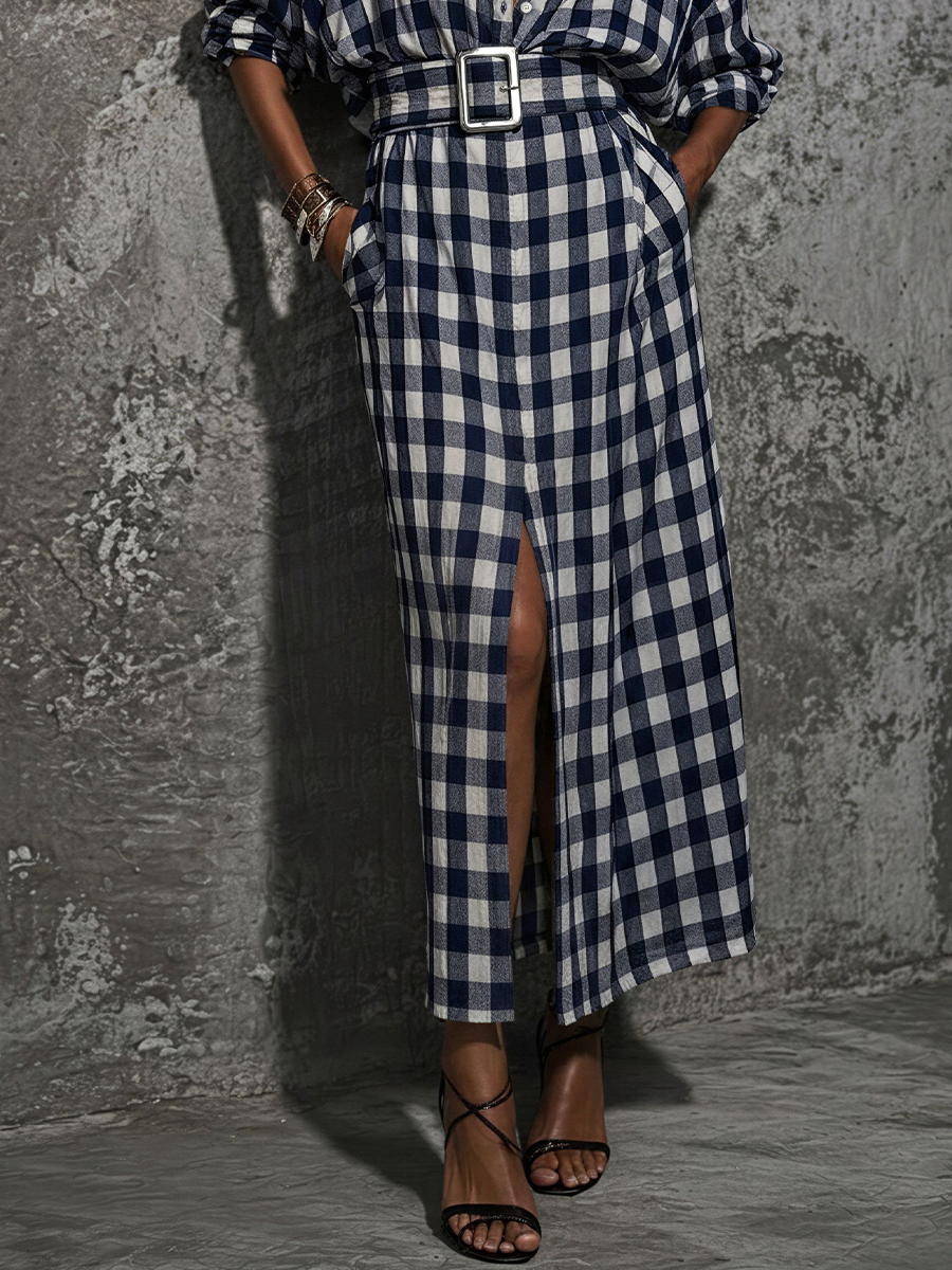 Casual Commuter Style Azul And Blanco Plaid Cotton con cinturón Front Slit Maxi Chalecoido camisero