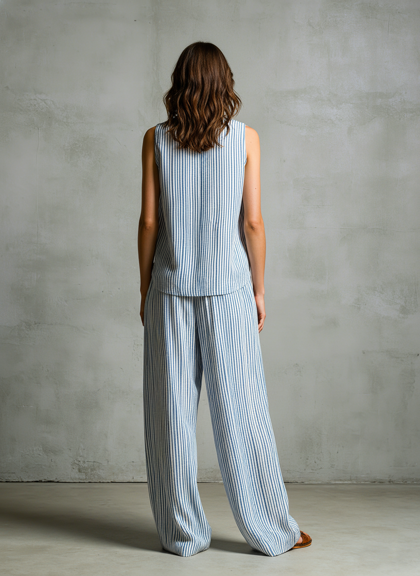 Casual Azul And Blanco Striped Woven Sin mangas Escote en V Top With Pantalón