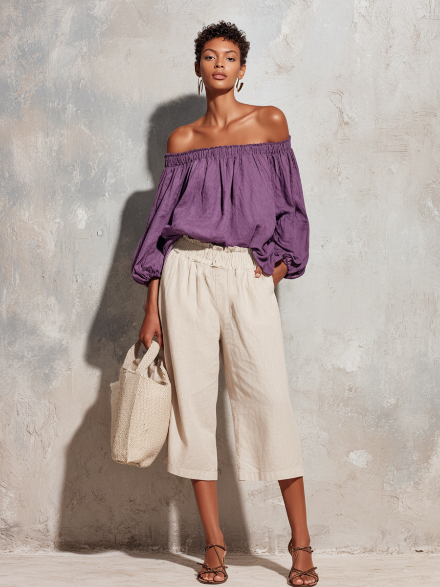 Casual Style Morado Cotton And Linen Off-shoulder Long Lantern Sleeve Top