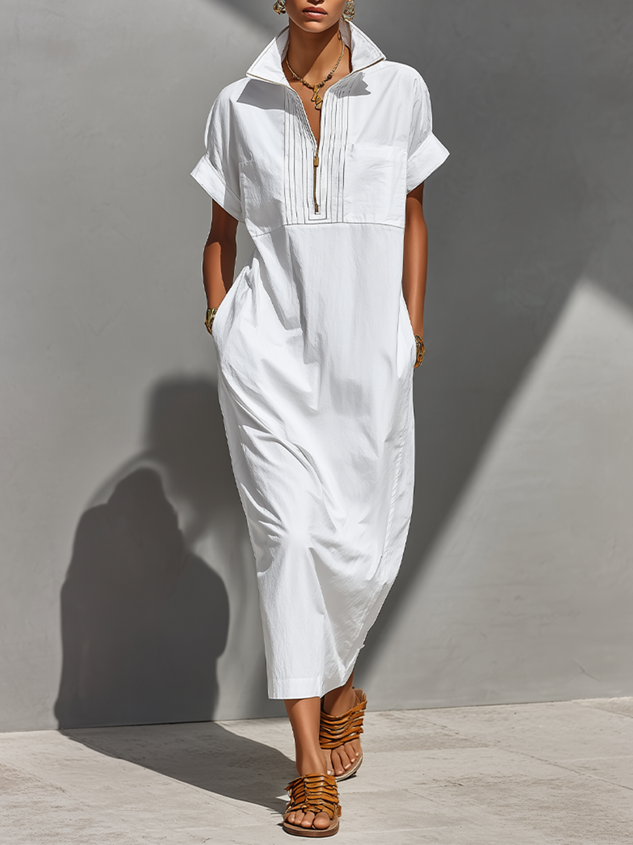 Blanco 100% Cotton Maxi Chalecoido camisero With Half-con cremallera Collar & Rolled Sleeves, Timeless Casual Everyday Dress