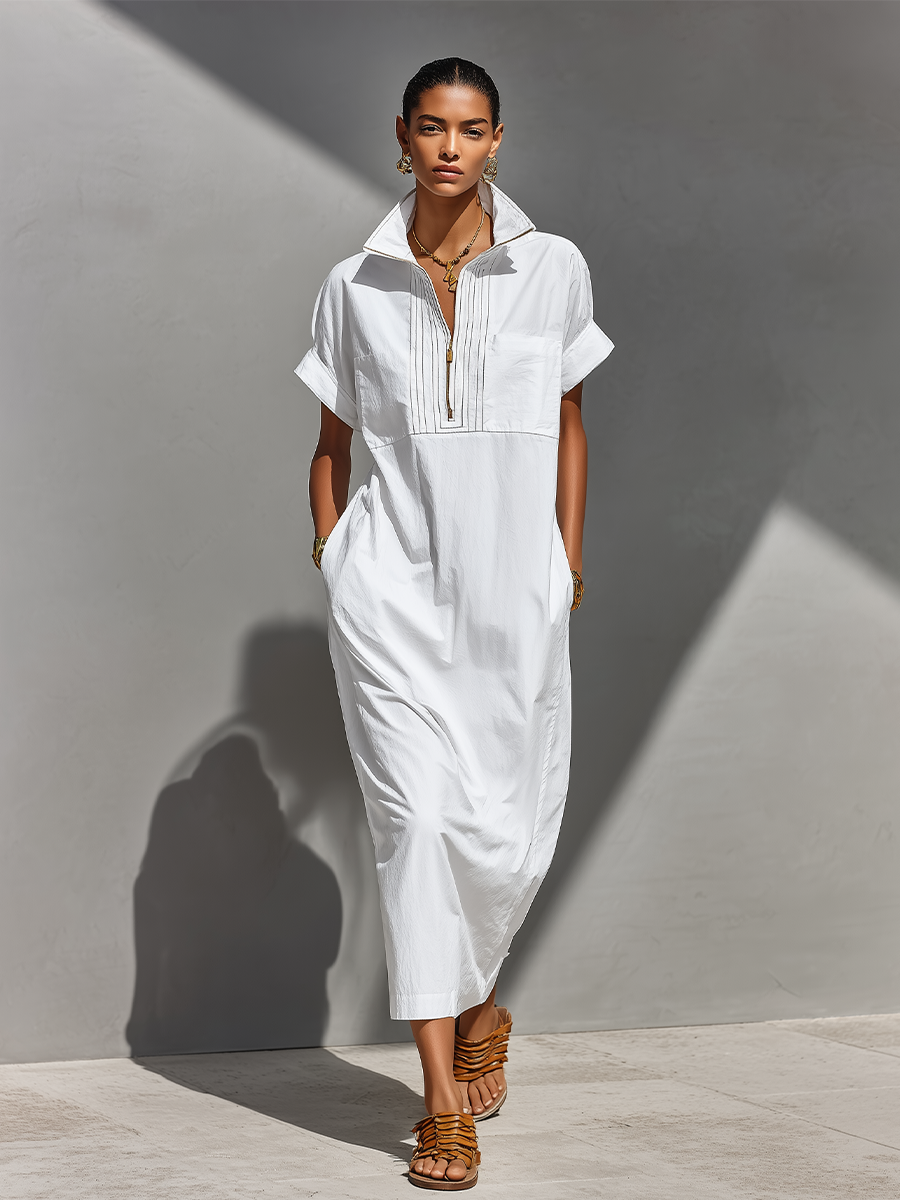 Blanco 100% Cotton Maxi Chalecoido camisero With Half-con cremallera Collar & Rolled Sleeves, Timeless Casual Everyday Dress