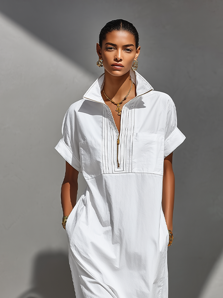 Blanco 100% Cotton Maxi Chalecoido camisero With Half-con cremallera Collar & Rolled Sleeves, Timeless Casual Everyday Dress