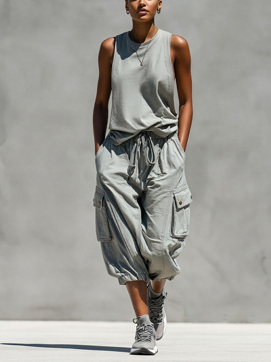 Gris Sin mangas Tank Top & Cargo Jogger Shorts Two-Piece Conjunto
