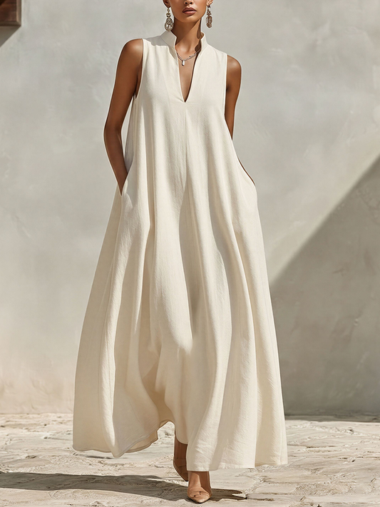 Crema Linen-Blend Sin mangas Chalecoido maxi With Cuello mao & Escote en V, Timeless Minimalista Summer Dress