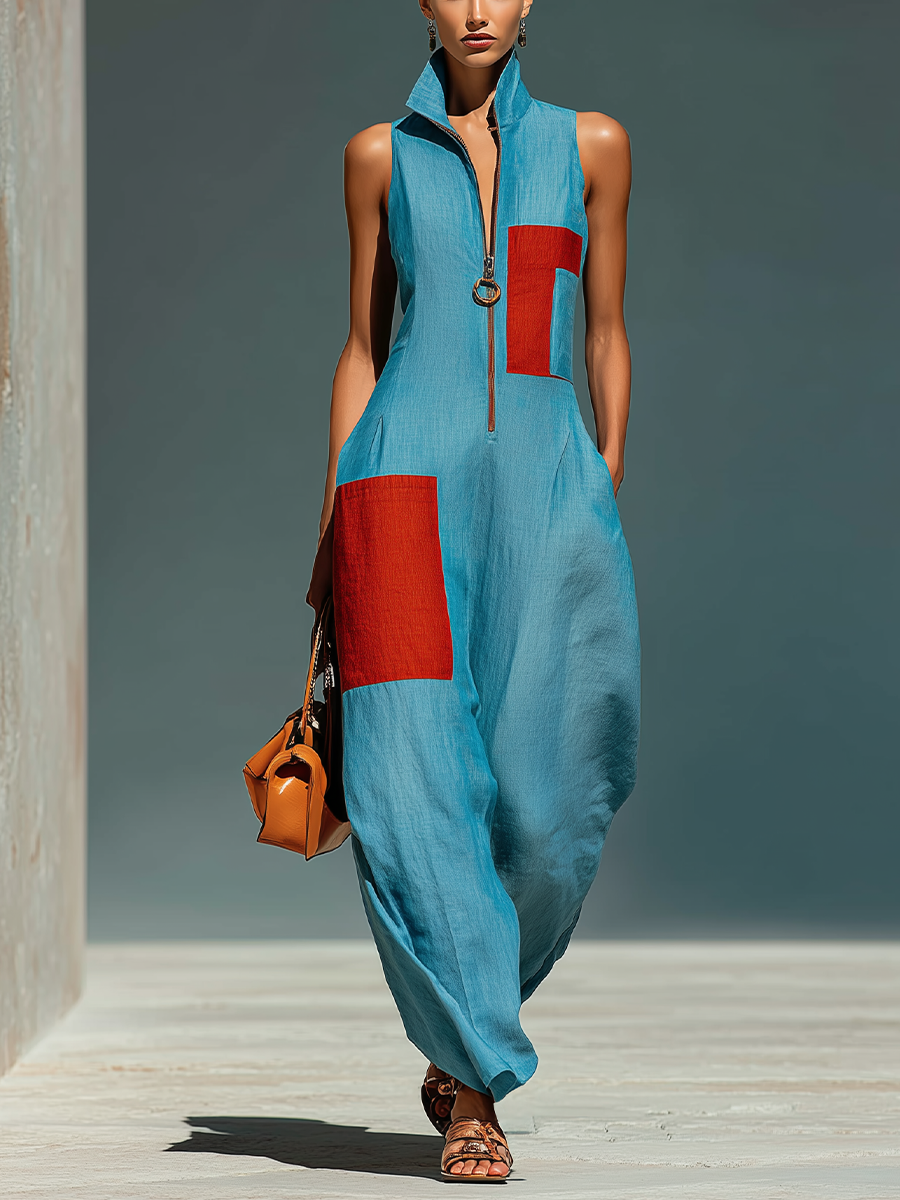 Azul Linen-Blend Sin mangas Mono With Rojo Patch Pockets & Half-con cremallera Cuello mao