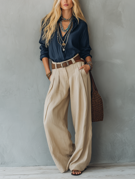 Casual Azul marino Cotton-Linen Manga larga Pullover Camisa Paired With Caqui Cotton-Linen Pantalón (Belt Not Included)