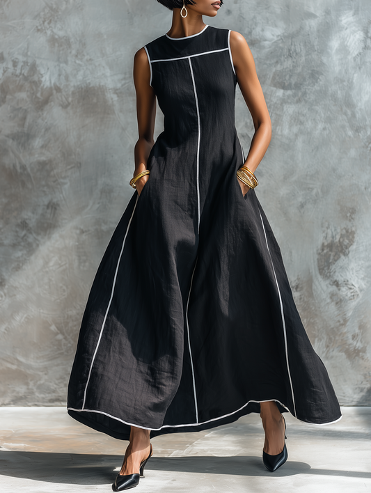 Vestido maxi de lino con ribete en contraste