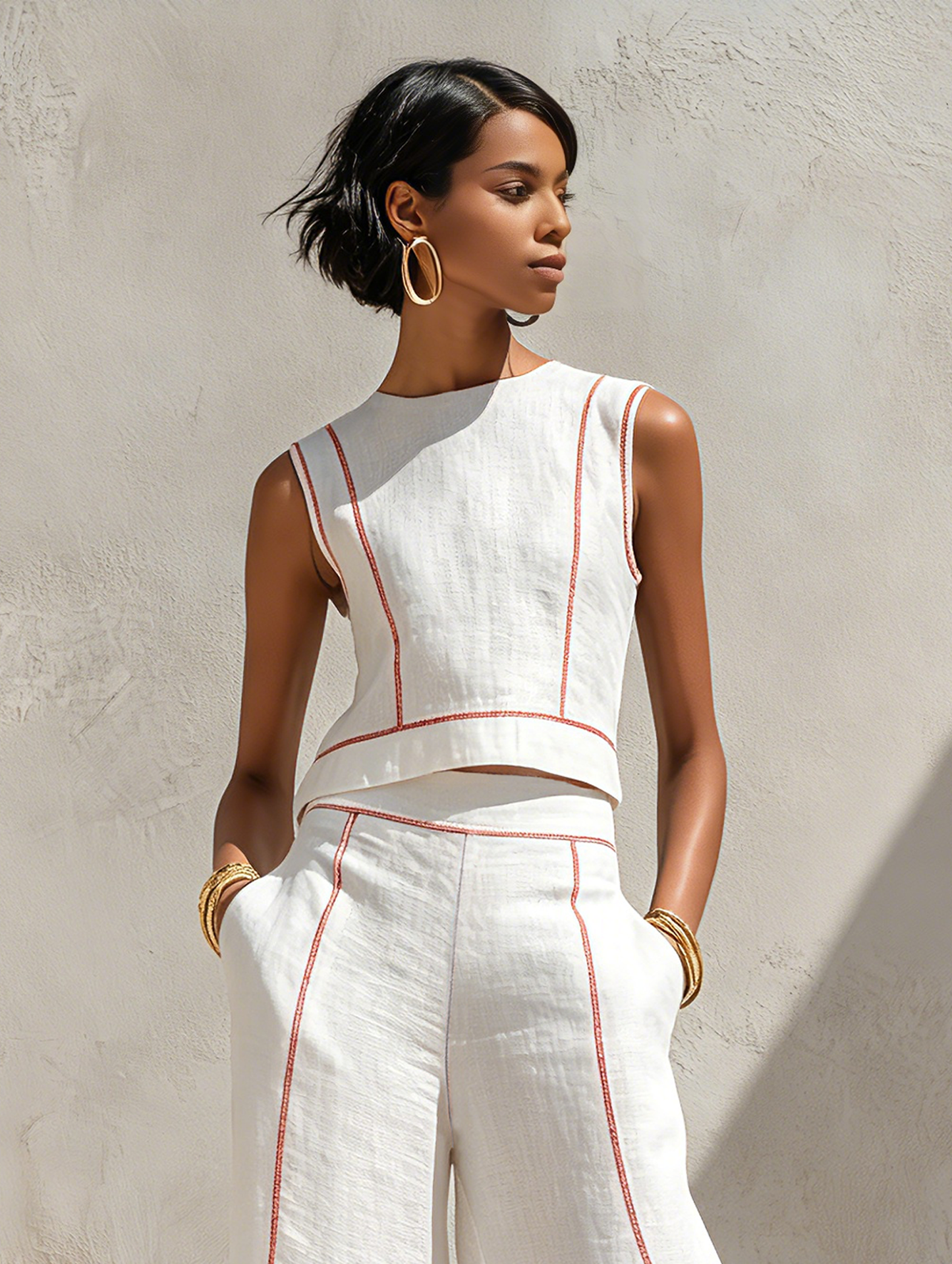 Minimalista Linen-Blend Contrast-Stitched Blusa & Pierna ancha Pantalón Conjunto
