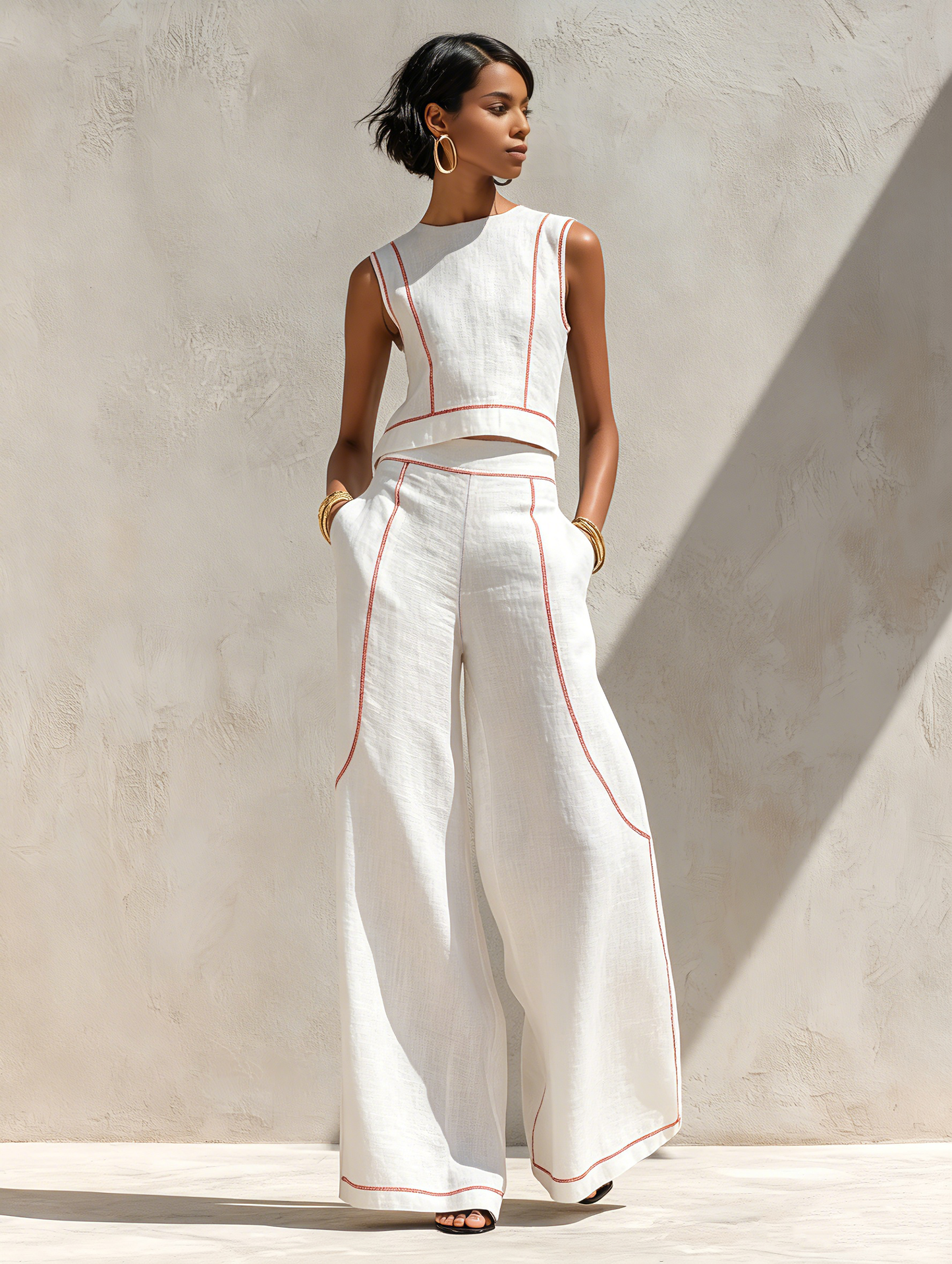 Minimalista Linen-Blend Contrast-Stitched Blusa & Pierna ancha Pantalón Conjunto