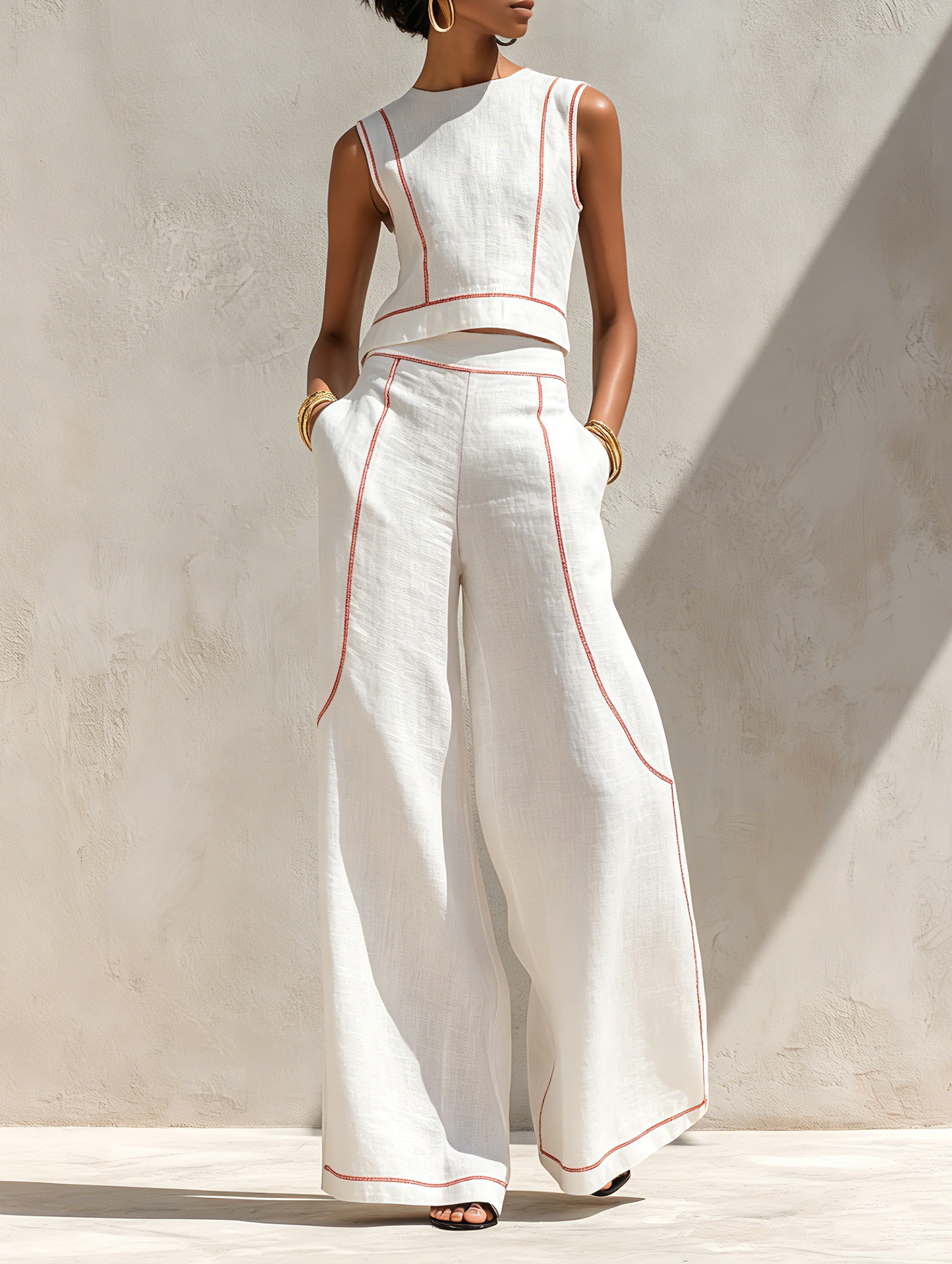 Minimalista Linen-Blend Contrast-Stitched Blusa & Pierna ancha Pantalón Conjunto