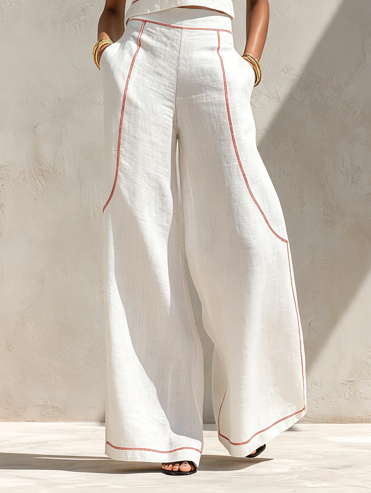 Minimalista Linen-Blend Contrast-Stitched Blusa & Pierna ancha Pantalón Conjunto