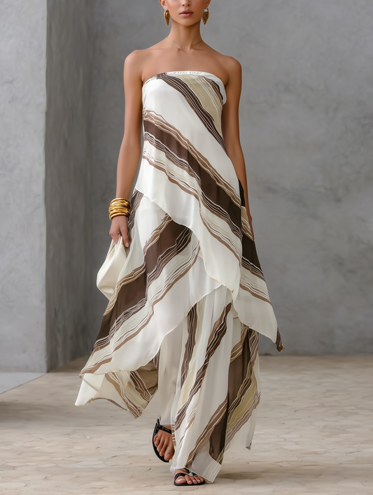Casual Blanco And Marrón Striped Chiffon Palabra de honor Sin mangas Chalecoido maxi