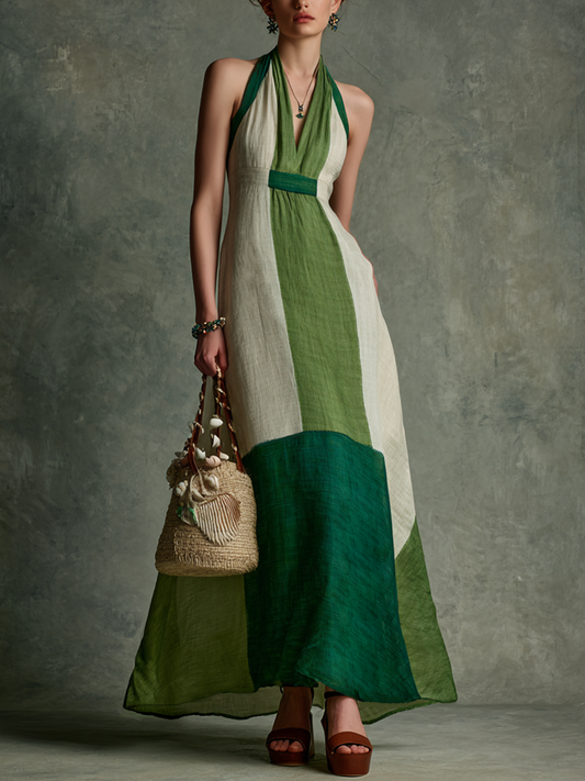 Vestido maxi verde y blanco con escote halter en V