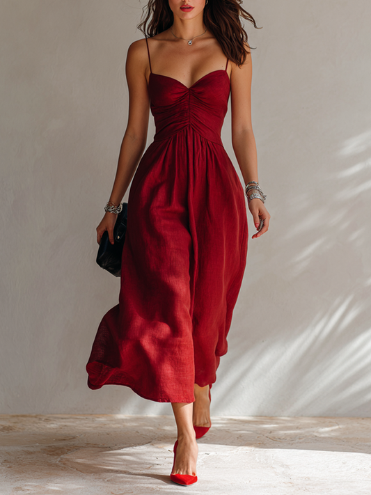 Minimalista Linen-Blend Ruched Spaghetti Strap Chalecoido midi