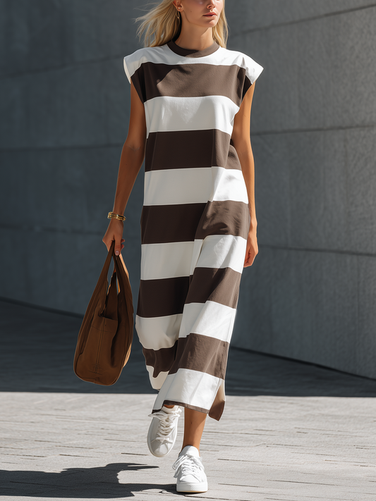 Casual Marrón & Blanco Elástico-Knit Chalecoido maxi — Cuello redondo, Sin mangas