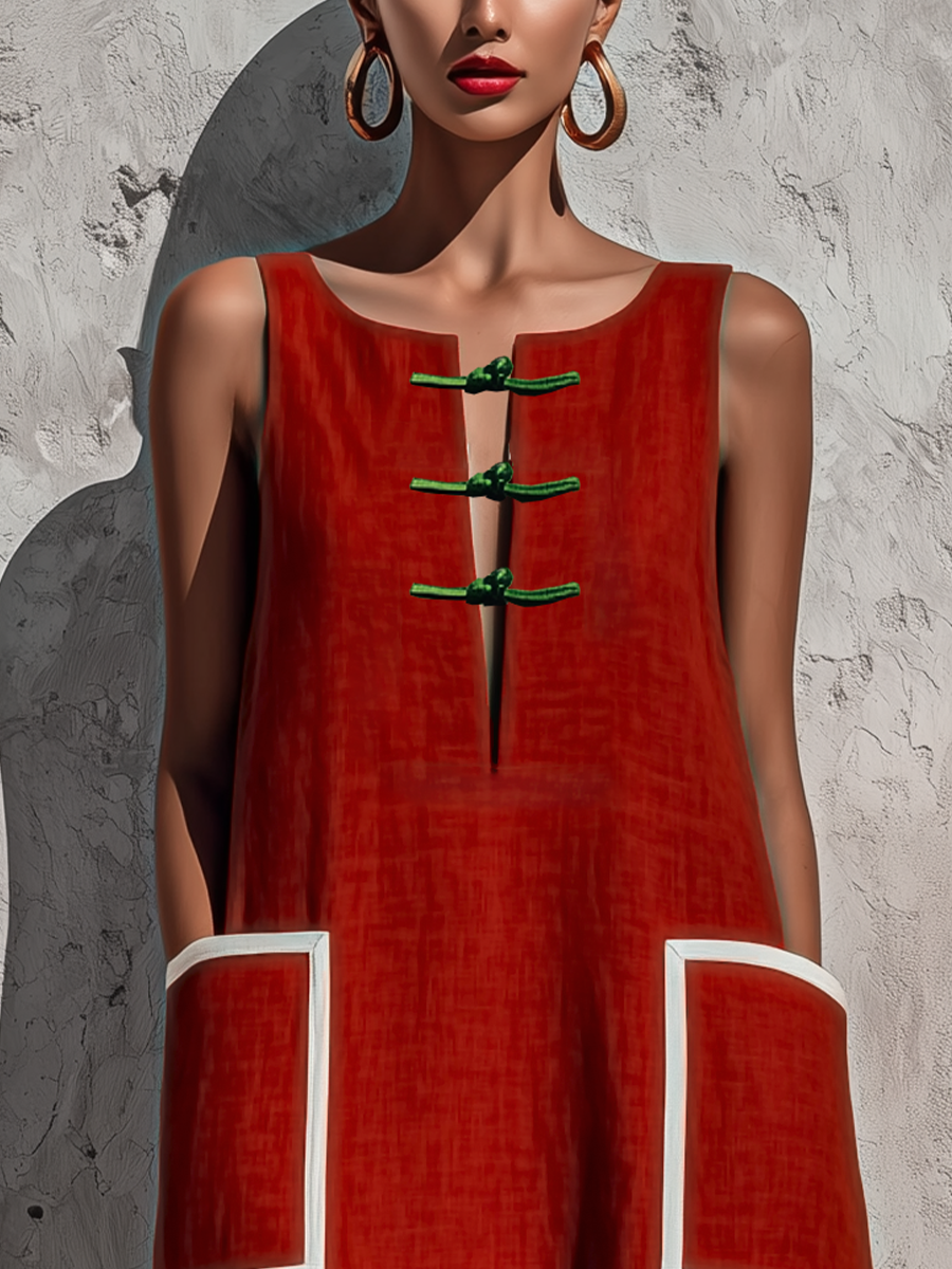 Rojo Cotton-Linen Blend Sin mangas Chalecoido midi With Contrasting Blanco Piping And Double Side Patch Pockets