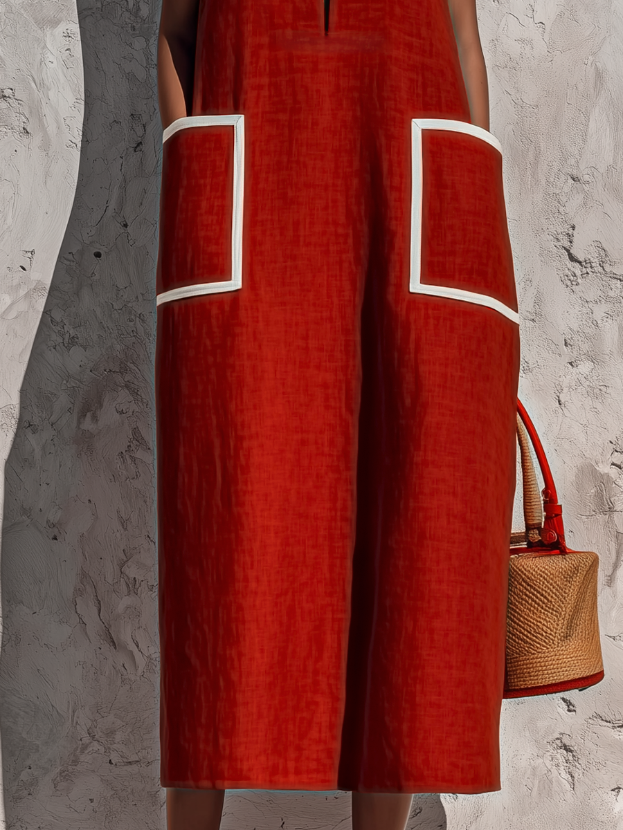 Rojo Cotton-Linen Blend Sin mangas Chalecoido midi With Contrasting Blanco Piping And Double Side Patch Pockets