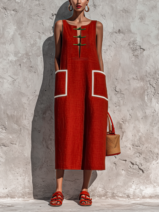 Vestido midi rojo con vivo blanco y bolsillos