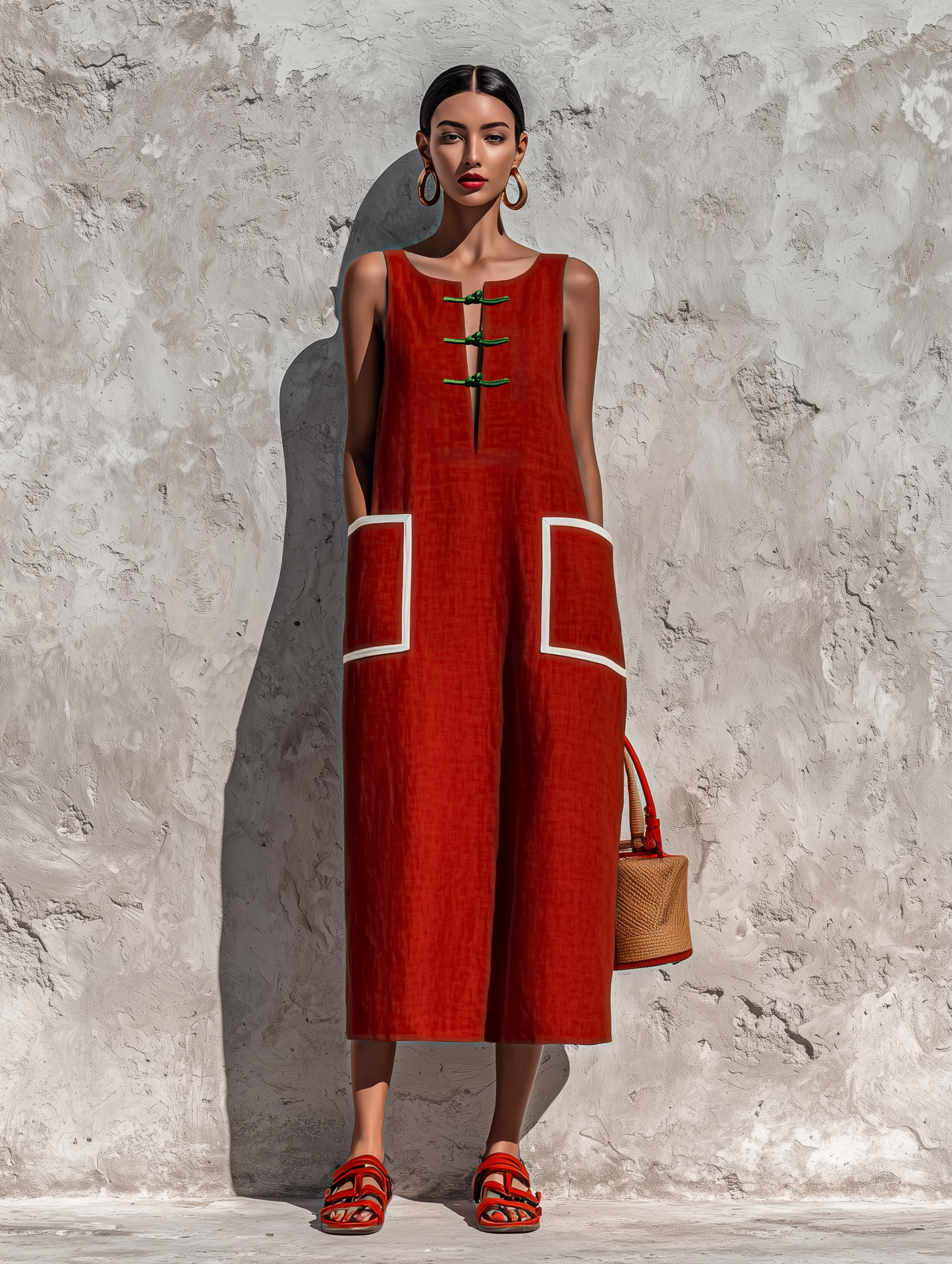 Rojo Cotton-Linen Blend Sin mangas Chalecoido midi With Contrasting Blanco Piping And Double Side Patch Pockets