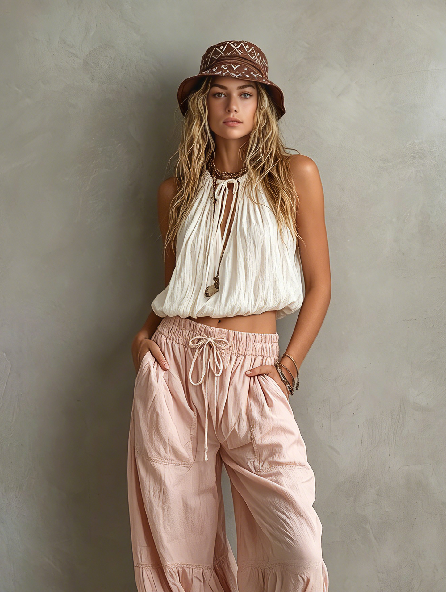 Casual Blanco Woven Sin mangas Round-neck Top Paired With Rosa Woven Pantalón