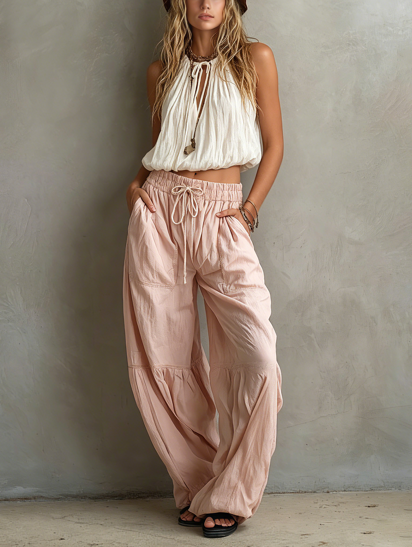 Casual Blanco Woven Sin mangas Round-neck Top Paired With Rosa Woven Pantalón